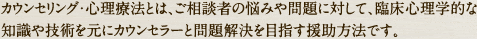 カウンセリング・心理療法とは、ご相談者の悩みや問題に対して、臨床心理学的な知識や技術を元にカウンセラーと問題解決を目指す援助方法です。